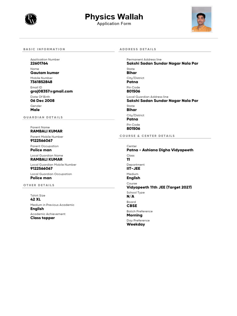 PW Admission Form 2025-26 Details | PDF | University And College ...
