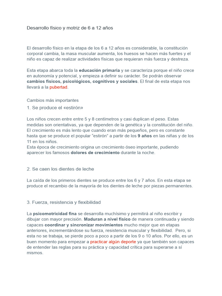 Desarrollo Físico y Motriz de 6 A 12 Años | PDF | Cerebro | Hueso