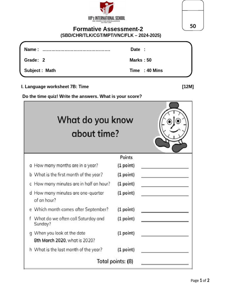 FA2 Maths Question Paper 2024-2025 | PDF