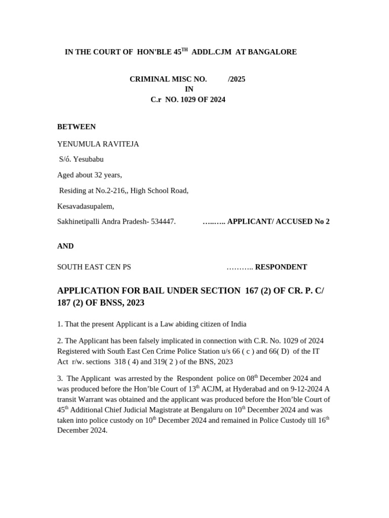 Default Bail Application Format | PDF | Bail | Arrest