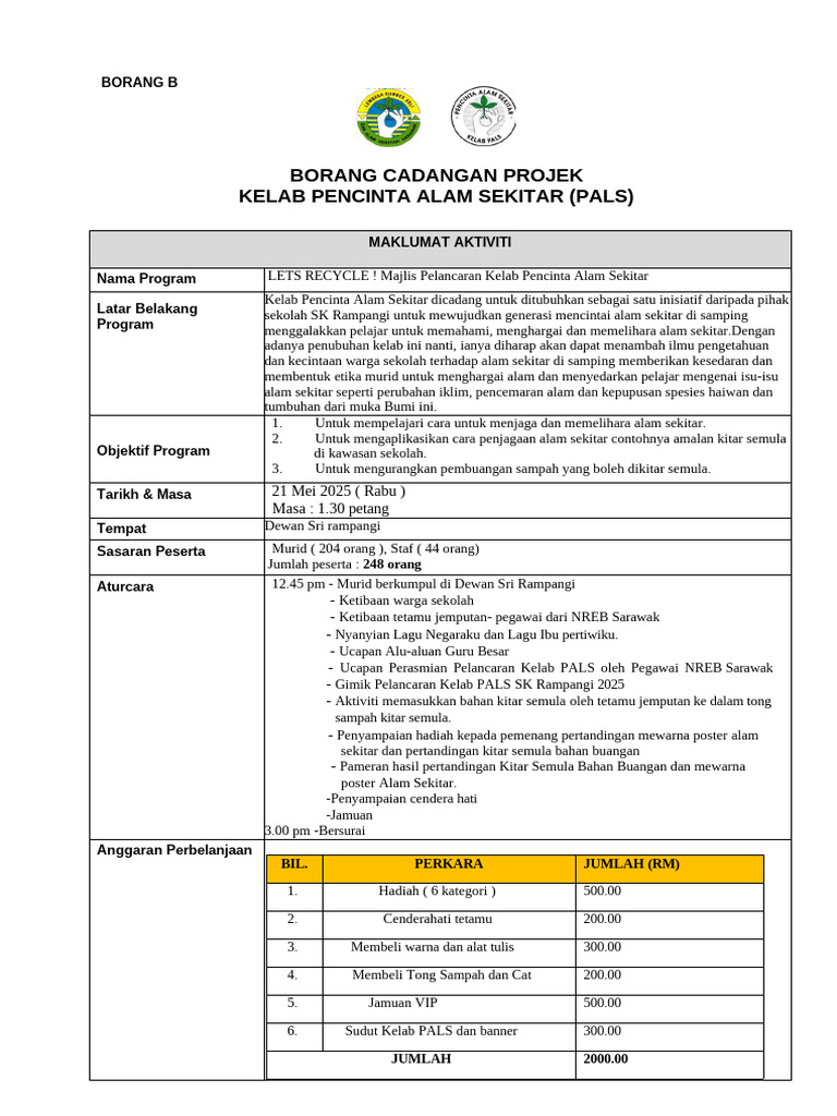 Borang B - Cadangan Aktiviti | PDF