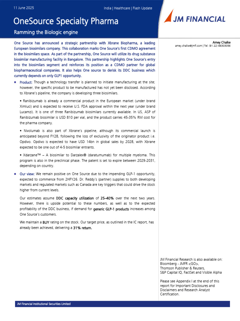 JM Financial Flash Update On OneSource Specialty Pharma Ramming | PDF ...