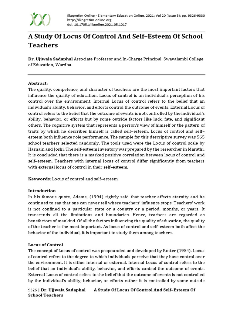 Locus of Control and Self-Esteem in Teachers | PDF | Self Esteem | Behavior
