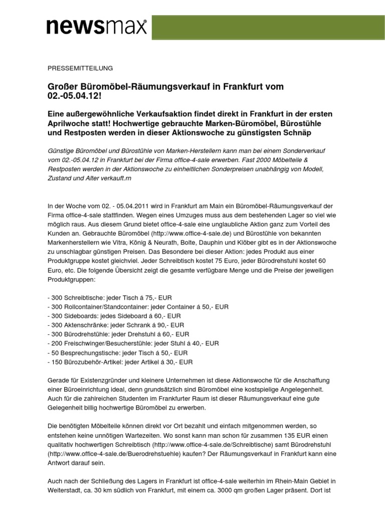Großer Büromöbel Räumungsverkauf in Frankfurt vom 02. 05.04 Großer Räumungsverkauf wegen Sortimentsänderung | München
