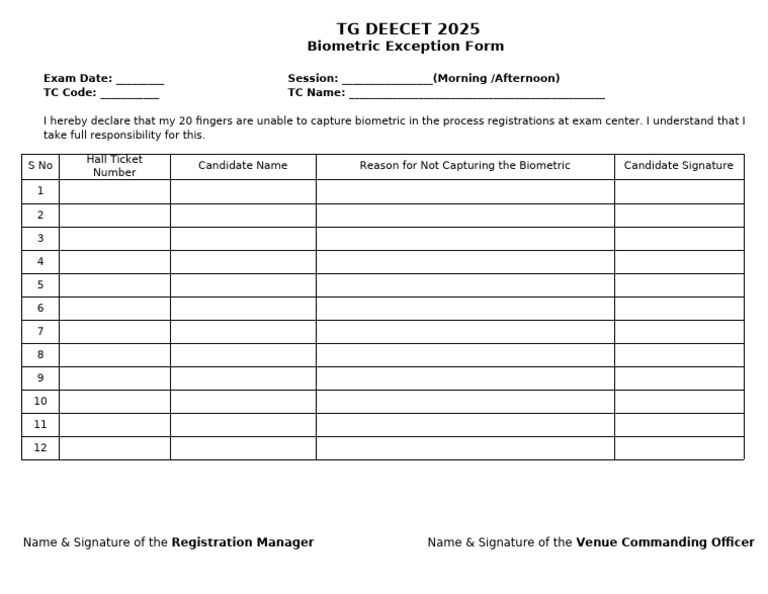 Biometric Exception Form for DEECET 2025 | PDF
