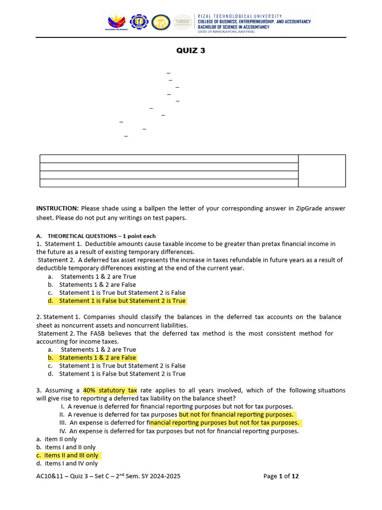 Intermediate Accounting Quiz 3 Overview | PDF | Deferred Tax | Equity ...