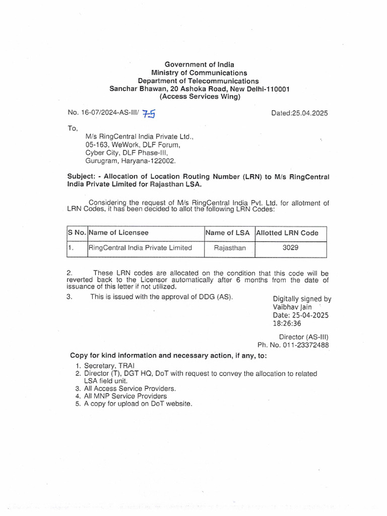 Allocationof Location Routing Number LRNto Ms Ring Central India ...