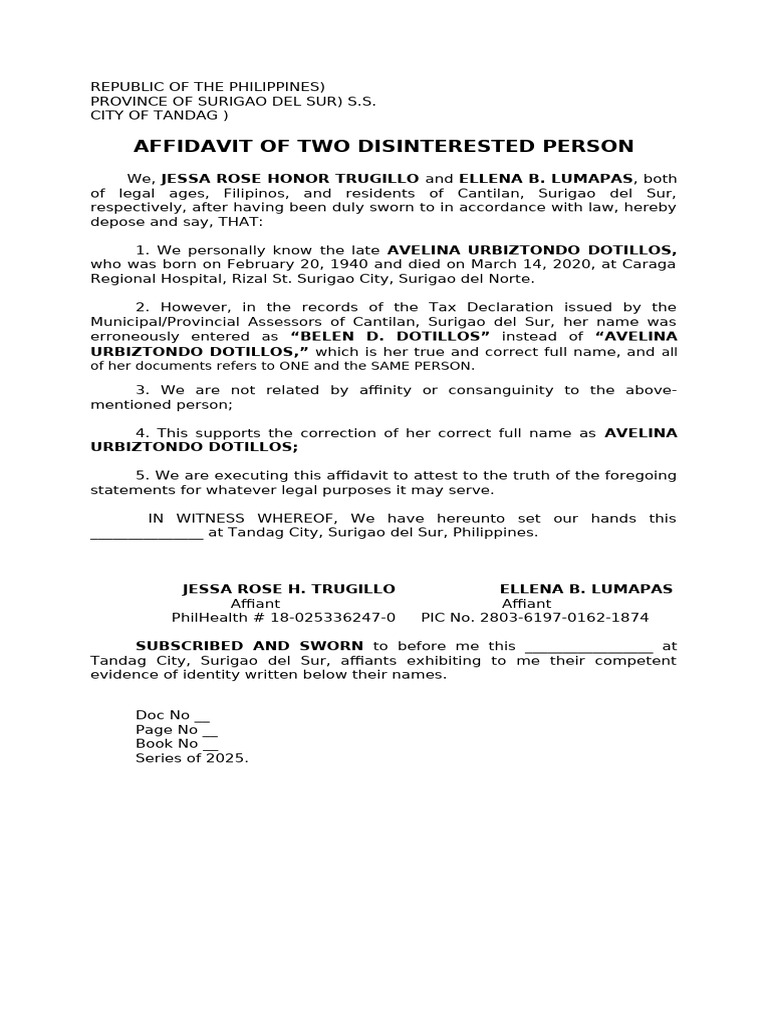 Affidavit of Two Disinterested Person Same - Avelina Dotillos | PDF