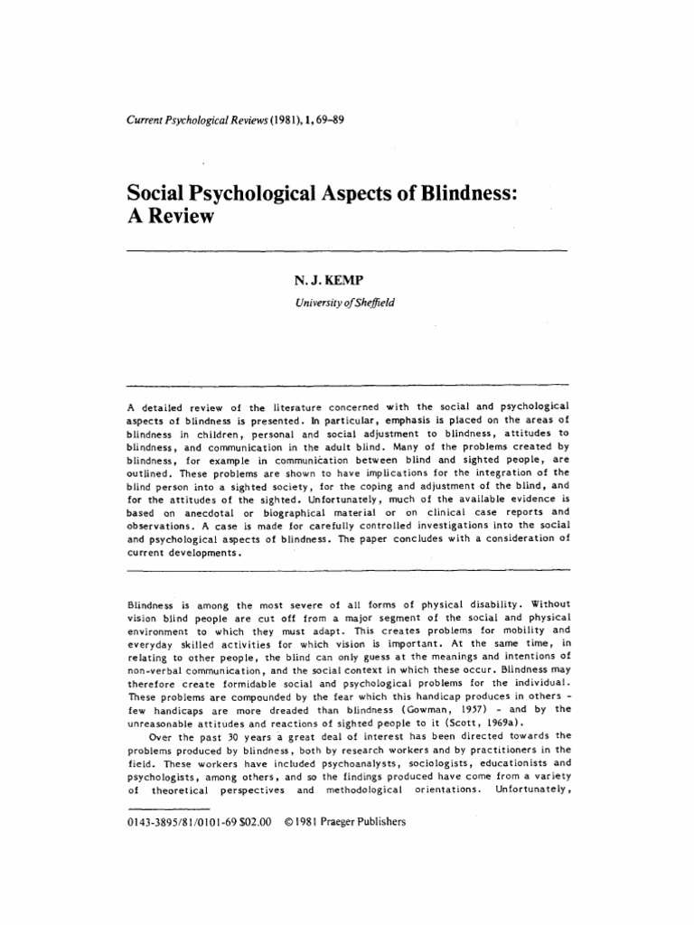Social Psychological Aspects of Blindness A Review | PDF ...