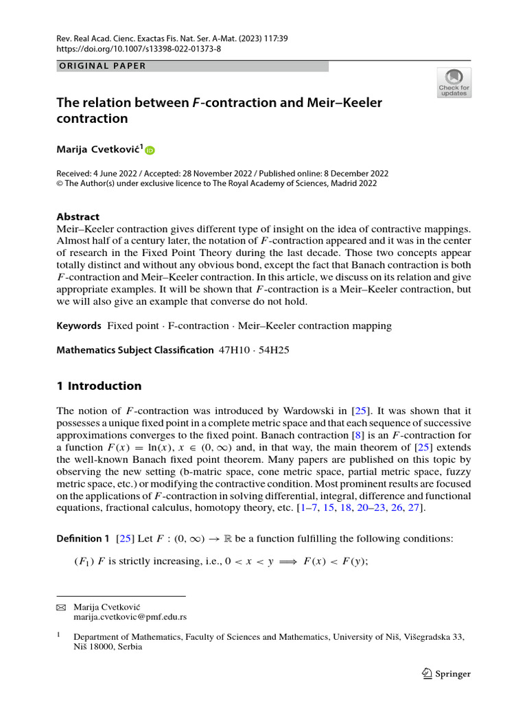 F-Contraction and Meir-Keeler Relations | PDF | Continuous Function ...