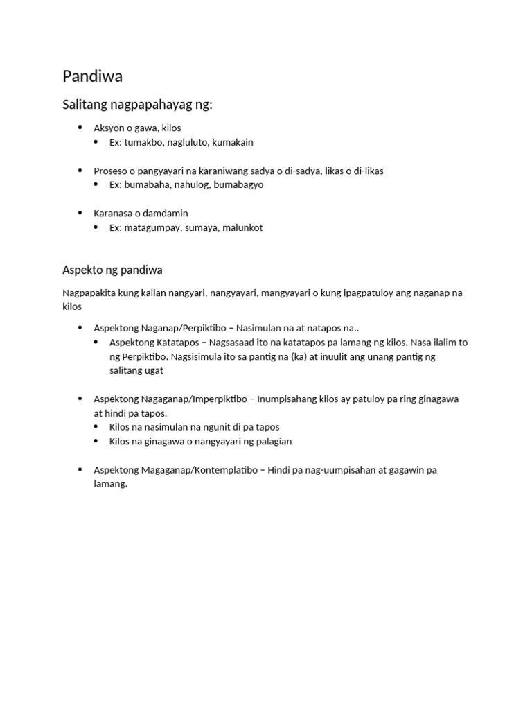 Pandiwa at Pang-Uri Notes | PDF