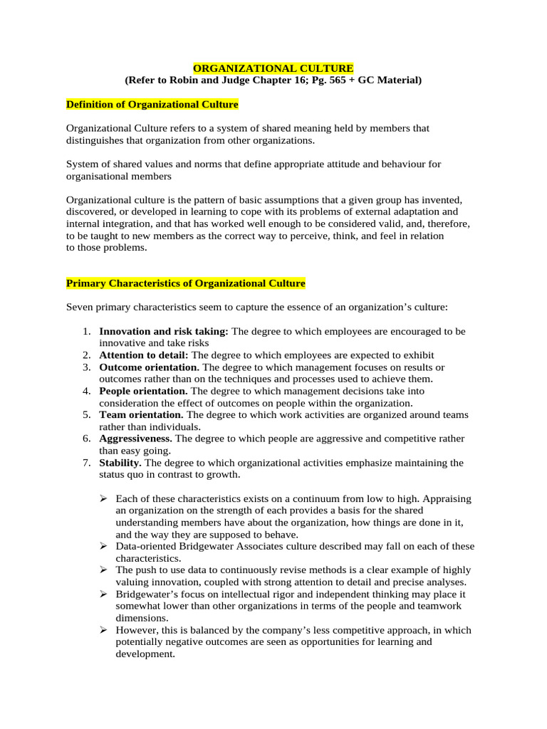 Unit I (Organizational Culture) | PDF | Organizational Culture | Job ...