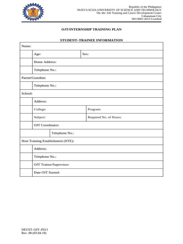 NEUST OJT Internship Training Plan | PDF | Vocational Education ...