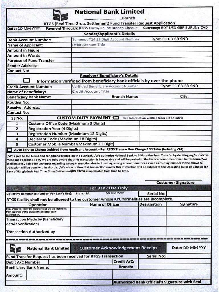 National Bank RTGS FORM | PDF