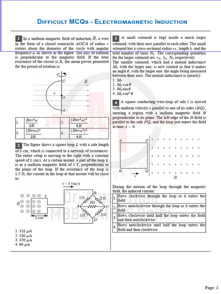 Tricky MCQs on Faraday's Law | PDF | Electromagnetic Induction | Inductance