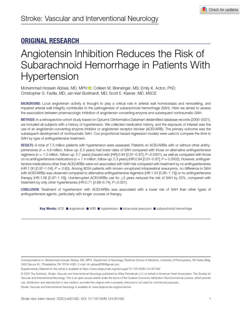 Abbasi Et Al Angiotensin Inhibition Reduces The Risk of Subarachnoid ...