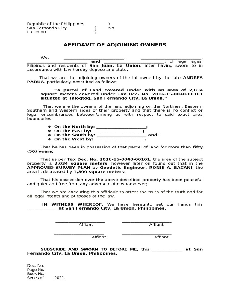 Affidavit of Adjoining Owners | PDF | Affidavit | Legal Procedure