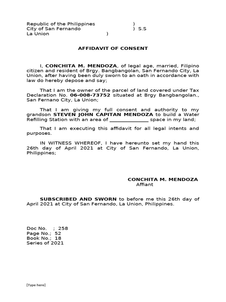Affidavit of Consent Examples La Union | PDF | Affidavit | Legal Procedure