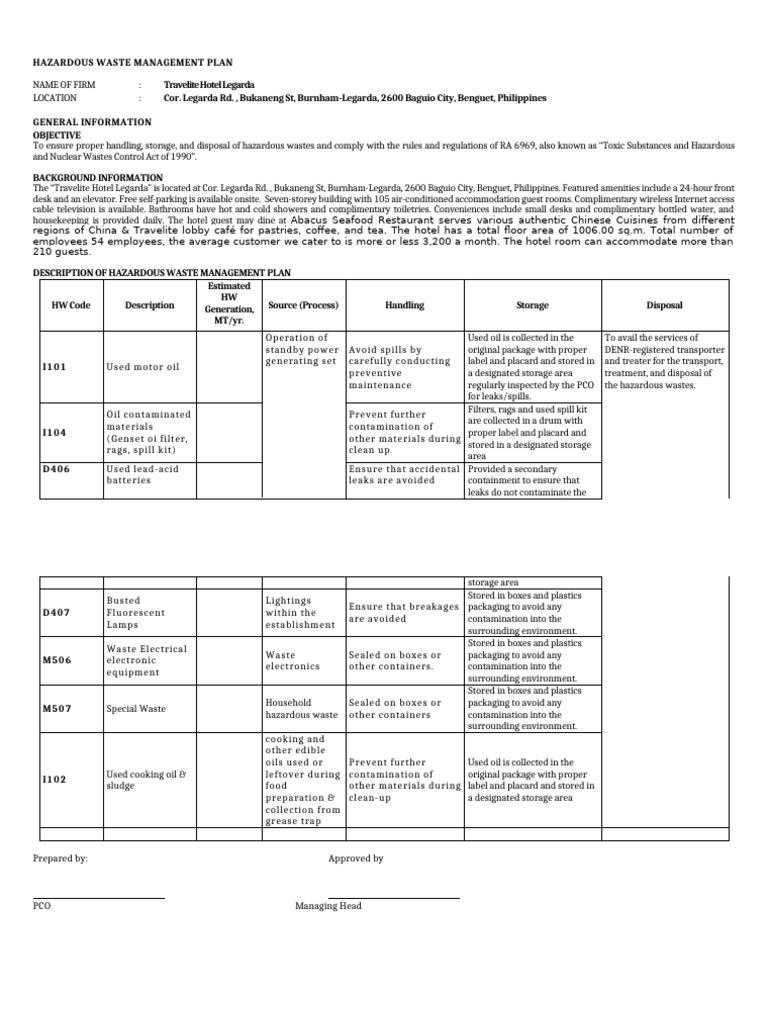 Hazardous Waste Management Plan for Travelite Hotel | PDF | Waste ...