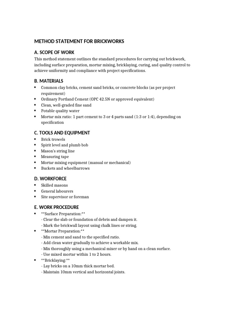 Brickwork Method Statement Guide | PDF | Mortar (Masonry) | Brick
