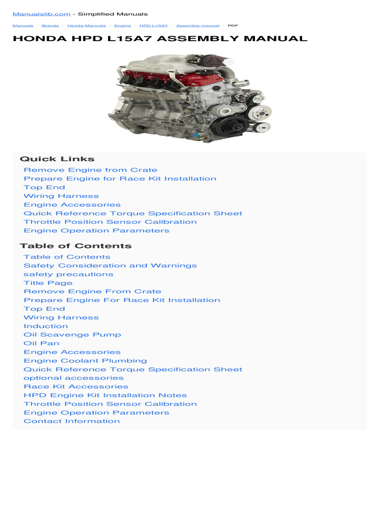 Honda HPD L15A7 Engine Assembly Guide | PDF | Screw | Reliability ...
