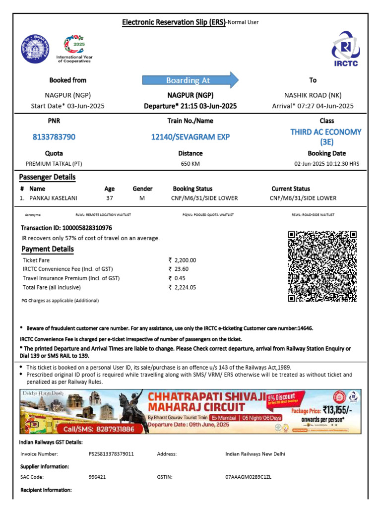 Sevagram Express 12140 Ticket Details | PDF | Identity Document | Payments