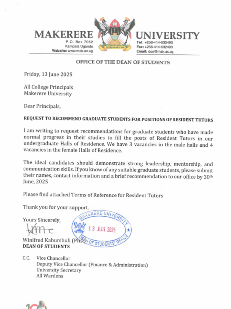 Positions of Resident Tutors - 2025 | PDF
