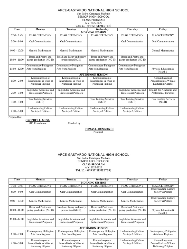 Arce-Gastardo SHS Class Program 2025-2026 | PDF