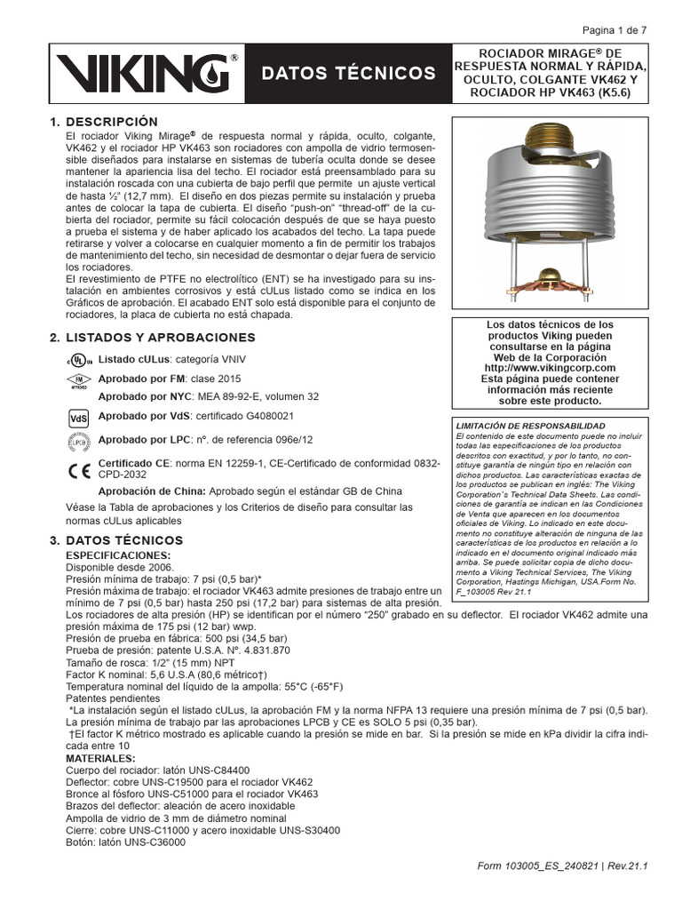 Rociador VK462: Especificaciones y Uso | PDF | Aleación | Cobre