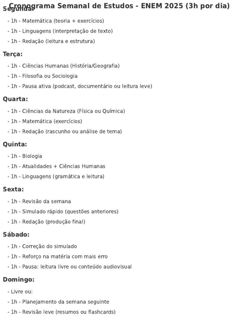 Cronograma ENEM 2025 3h Diarias | PDF