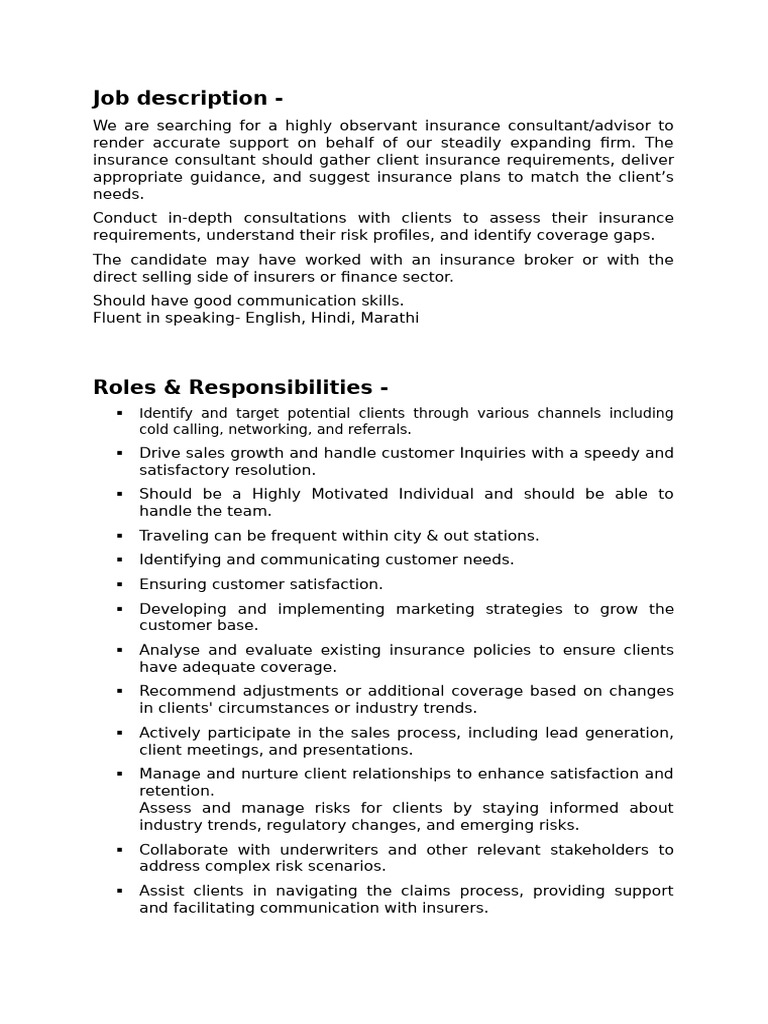 Insurance Consultant Job Overview | PDF