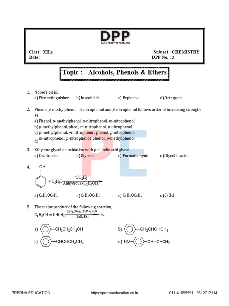Class XII Chemistry: Alcohols & Phenols Quiz | PDF | Ether | Acid