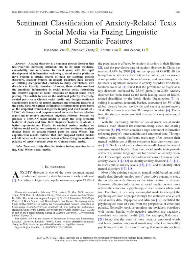 Sentiment Analysis of Anxiety on Weibo | PDF | Deep Learning | Emotions