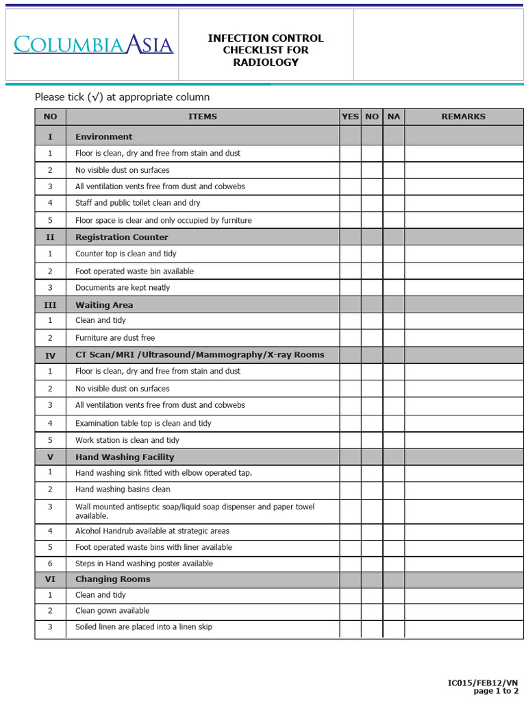 Radiology Infection Control Checklist | PDF