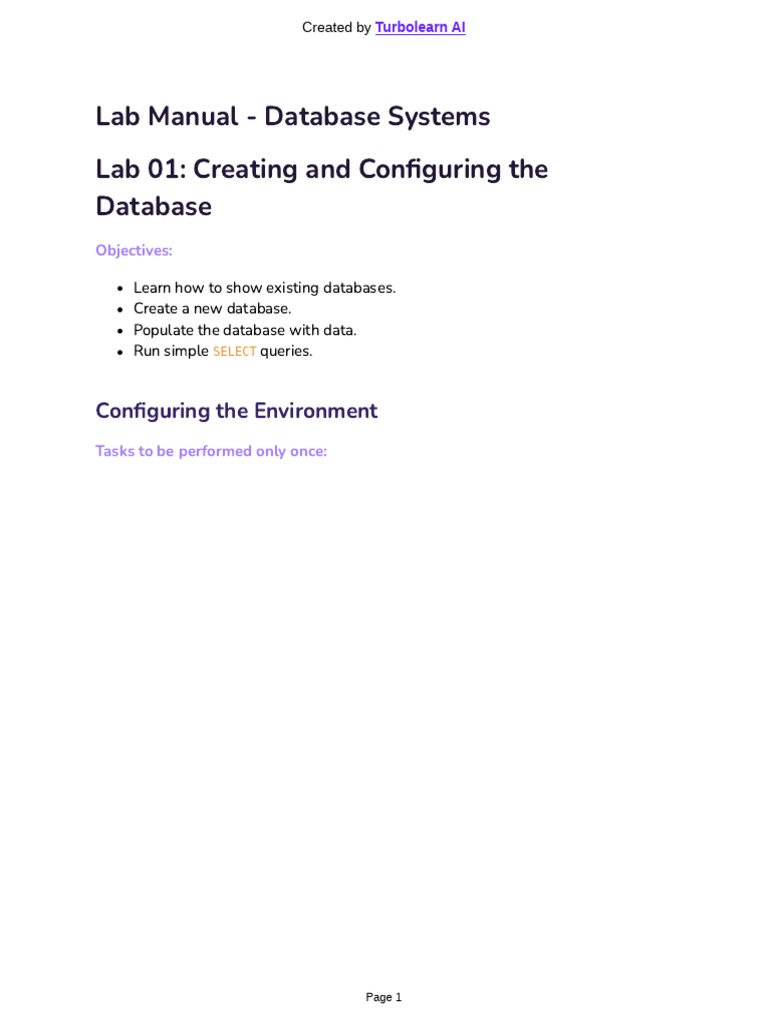 Lab Manual - Database Systems Lab 01: Creating and Configuring The ...