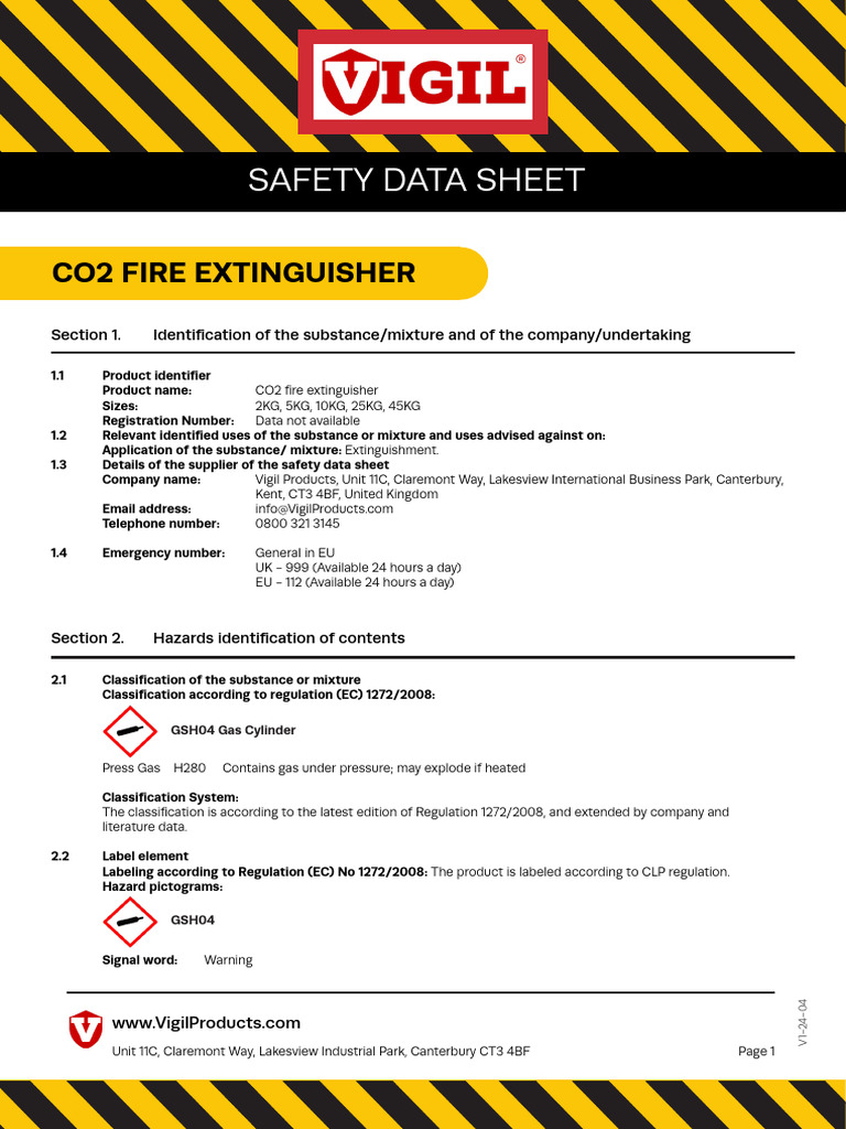 CO2 Fire Extinguisher Safety Data Sheet | PDF | Dangerous Goods | Toxicity