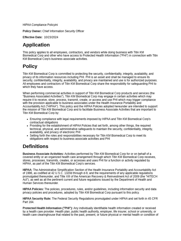 HIPAA Compliance Policy Overview | PDF | Health Insurance Portability ...