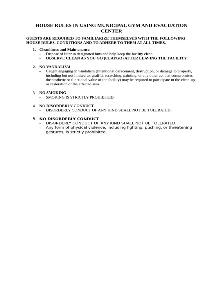 House Rules in Using Municipal Gym and Evacuation Center | PDF | Vandalism