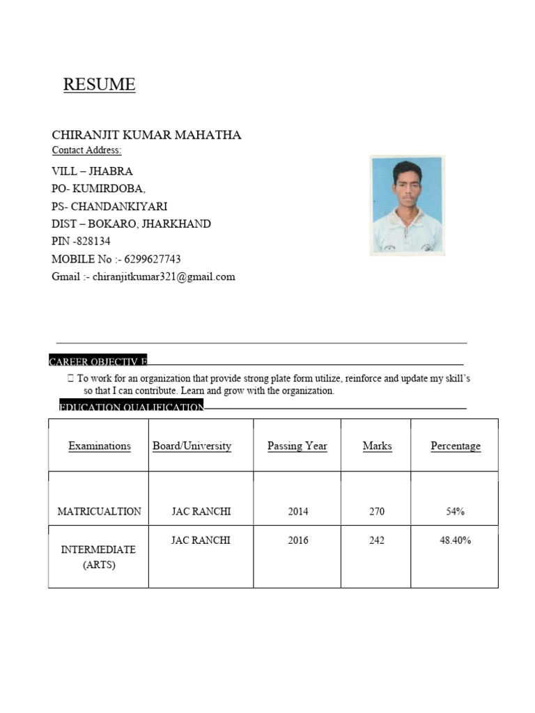 Resume of Chiranjeet Kumar Mahatha | PDF
