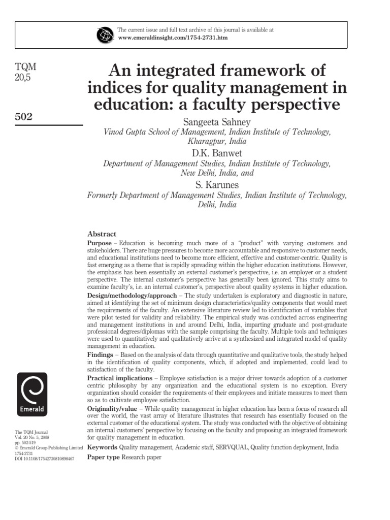 An Intergared Framework of Indices For Quality Managemente in Education ...
