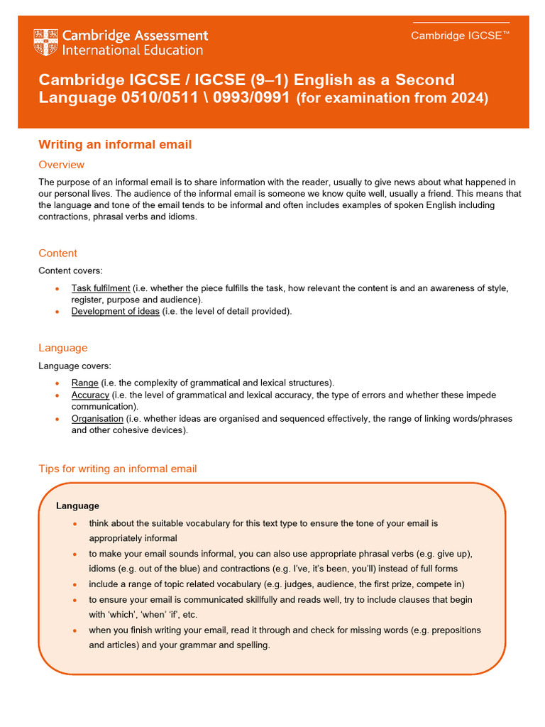 Informal Email Writing Guide for IGCSE | PDF | Vocabulary | English ...