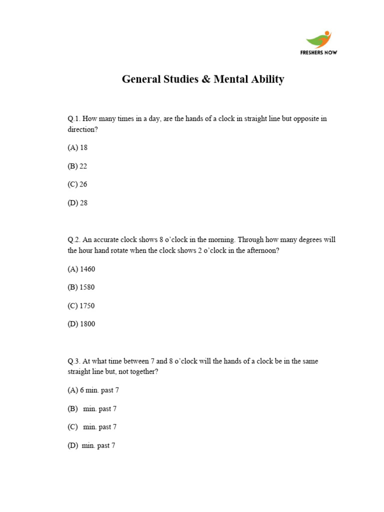 General Studies & Mental Ability Questions | PDF | Clock