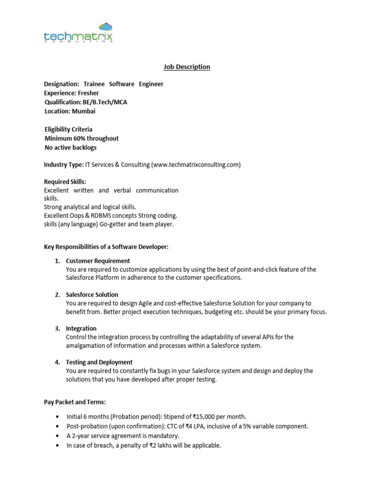 Trainee Software Engineer Job Overview | PDF
