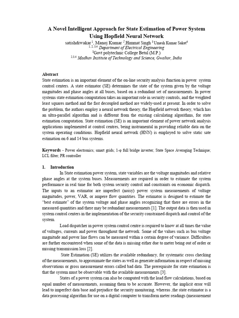 Hopfield Neural Network for Power System State Estimation | PDF ...