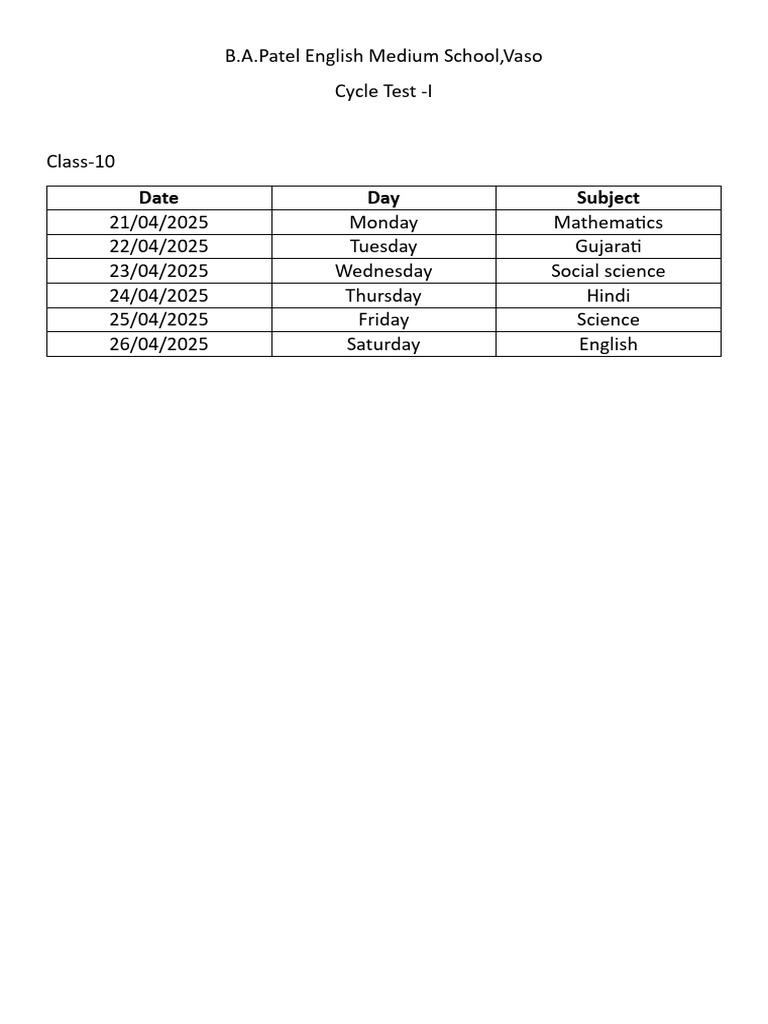 Class 10 Cycle Test Schedule | PDF