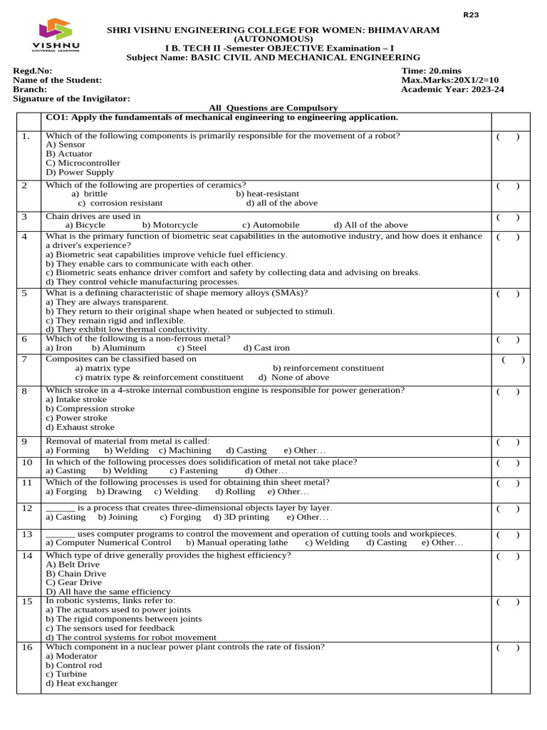 Mid Exam Objective Question Paper- Set 1 - Copy | PDF | Engines | Welding