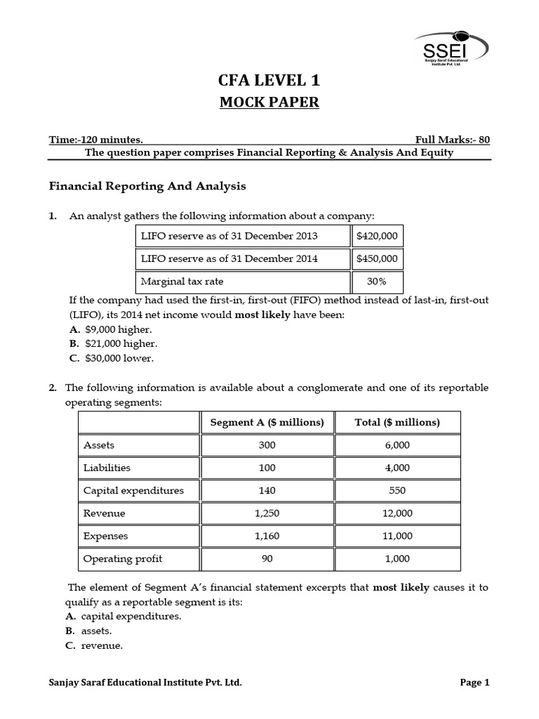 CFA Level 1 Mock Paper: Financial Analysis | PDF | Stocks ...