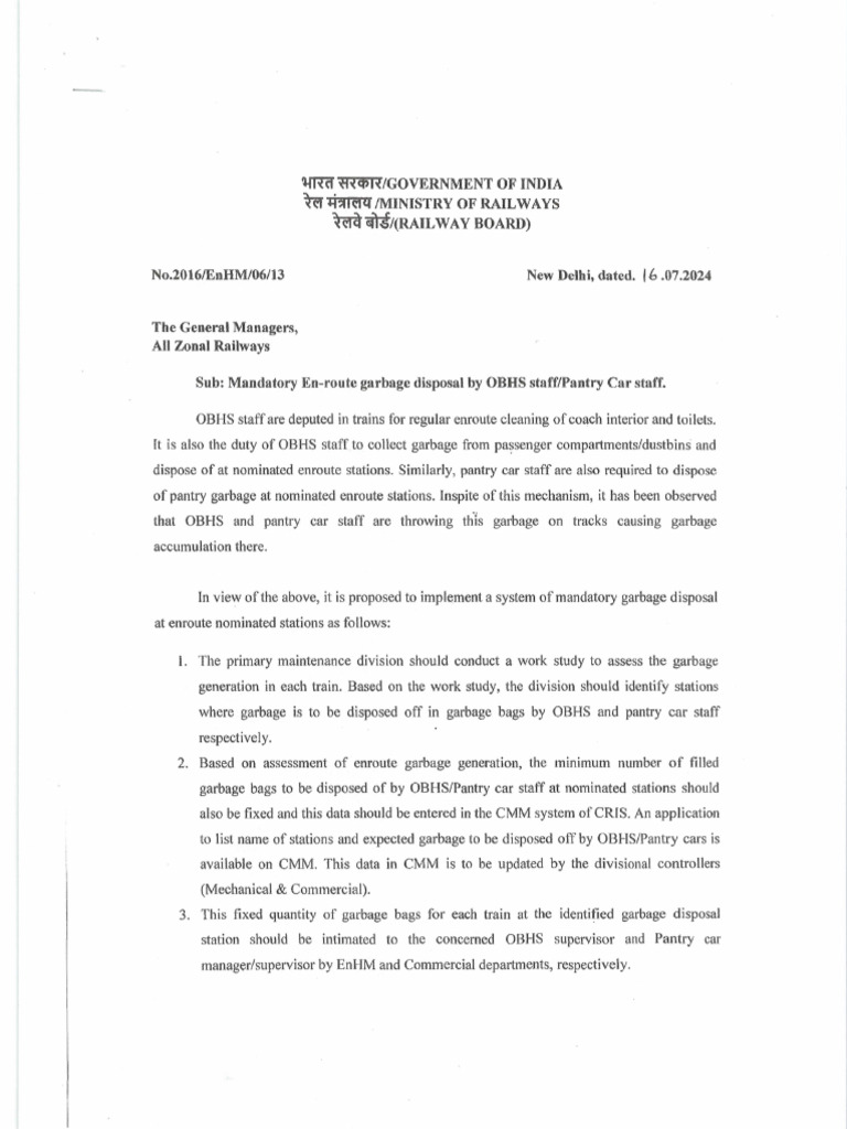 Mandatory Garbage Disposal Guidelines for Railways | PDF | Waste ...