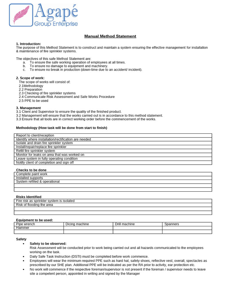 Fire Sprinkler System Method Statement | PDF | Personal Protective ...
