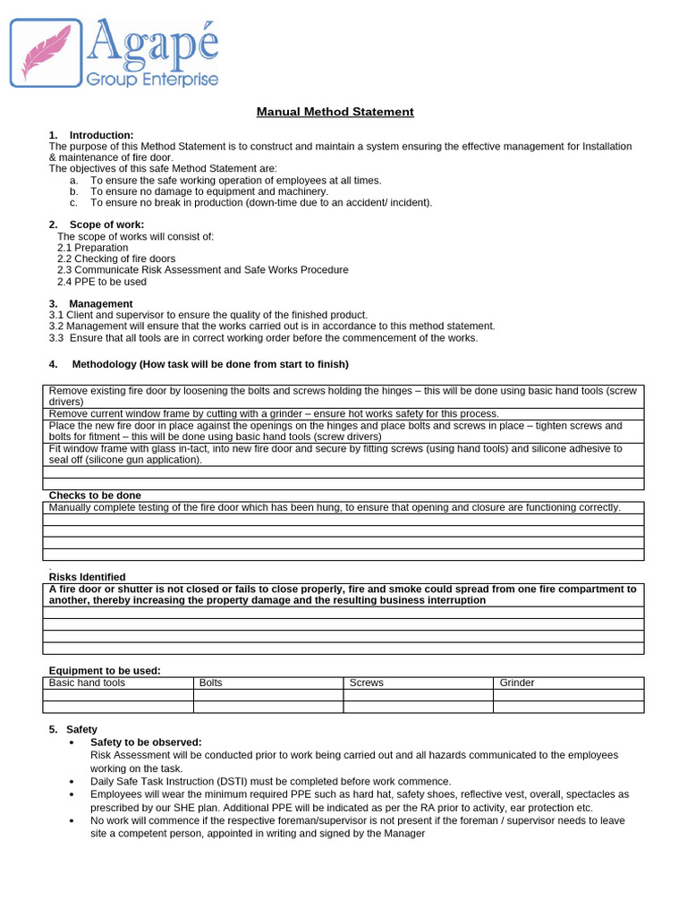 Fire Door Installation Method Statement | PDF | Personal Protective ...